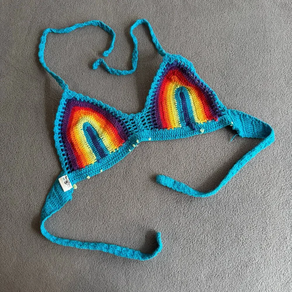 Island Planet Rainbow Crochet Knit Bikini Top Womens Small‎ Festival Boho